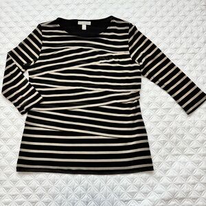 Dana Buchman Black & Tan Tiered Striped 3/4 Sleeve Stretch Fabric Blouse - Sz L